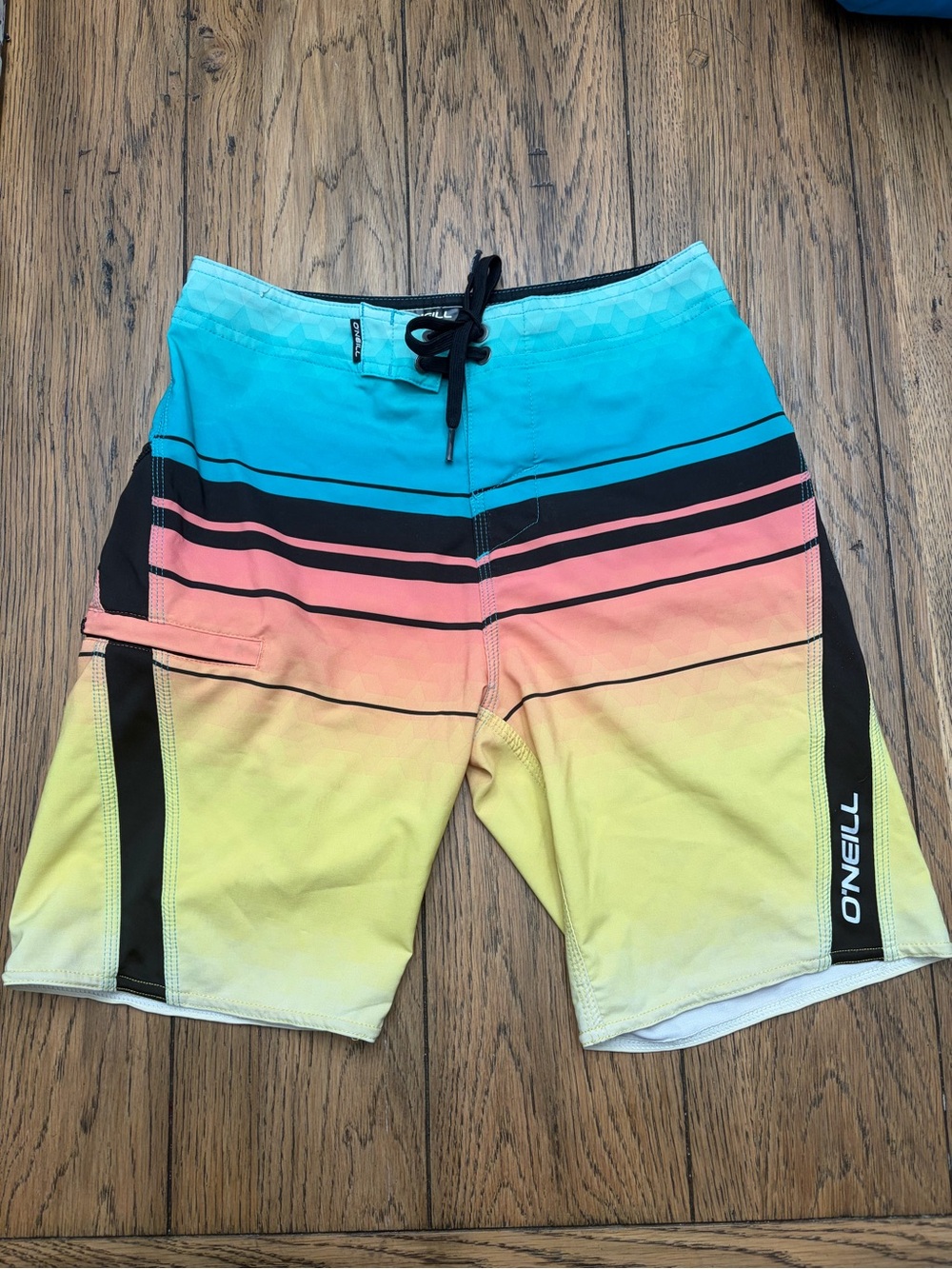 O’Neill Superfreak Boardshorts Boys 10-12 Sz 25 Sunset Gradient Stripe Surf EUC